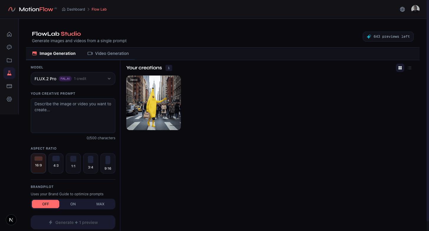 Flow Lab interface in MotionFlow showing BrandPilot toggle and AI model selection
